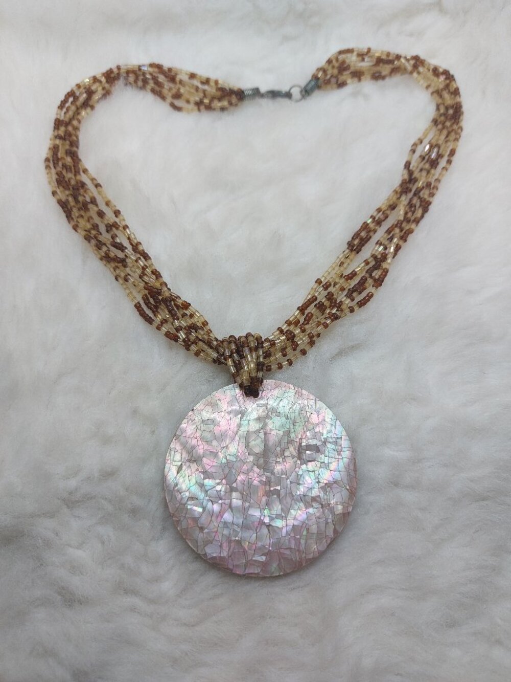 Vintage Multi-strand Beaded Necklace w/  Iridescent Mother of Pearl Shell Inlay